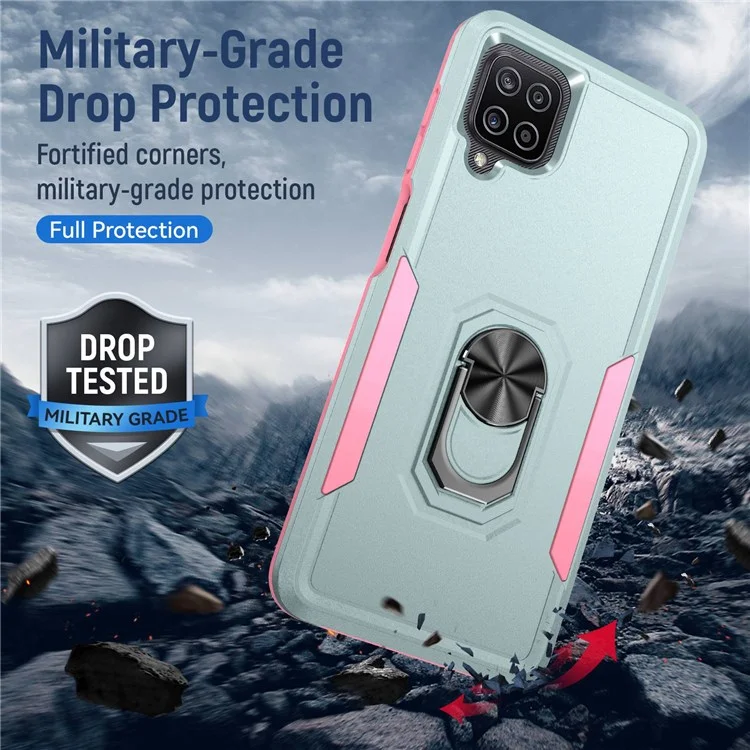 Per Samsung Galaxy A12 Defender Series PC + TPU Hybrid Phone Cover Rotary Ring Kickstand Cellphone Case - Verde/Rosa