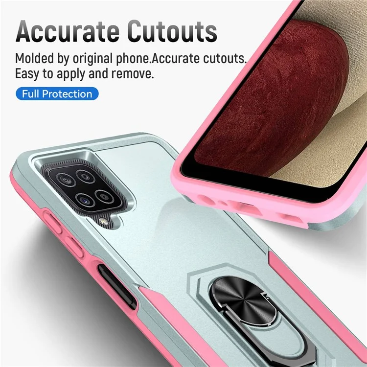Per Samsung Galaxy A12 Defender Series PC + TPU Hybrid Phone Cover Rotary Ring Kickstand Cellphone Case - Verde/Rosa