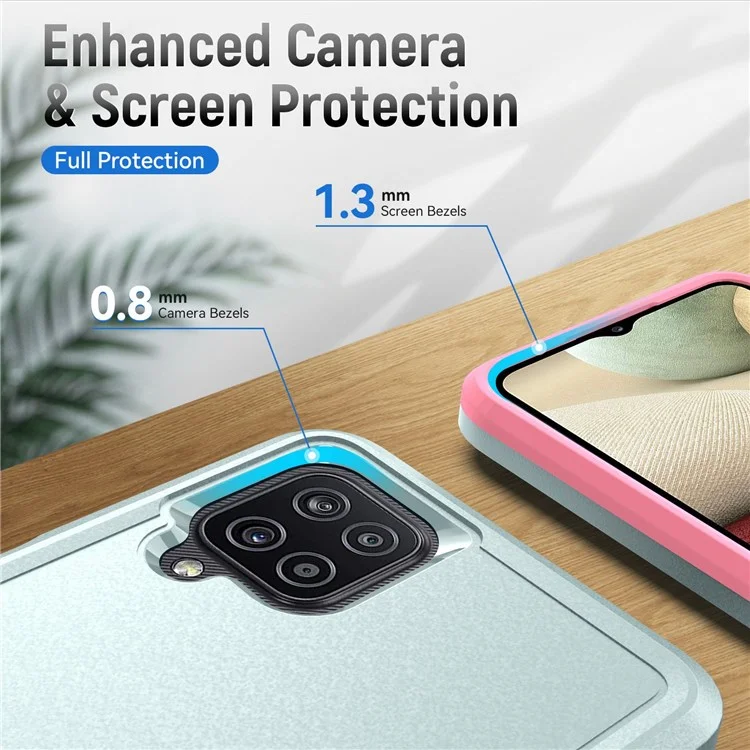 Per Samsung Galaxy A12 Defender Series PC + TPU Hybrid Phone Cover Rotary Ring Kickstand Cellphone Case - Verde/Rosa