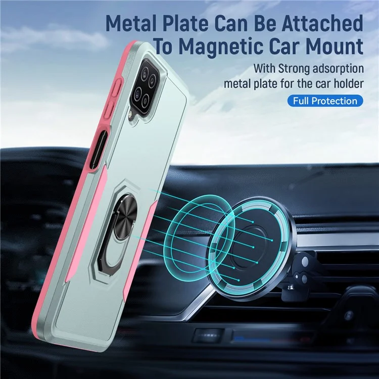 Per Samsung Galaxy A12 Defender Series PC + TPU Hybrid Phone Cover Rotary Ring Kickstand Cellphone Case - Verde/Rosa