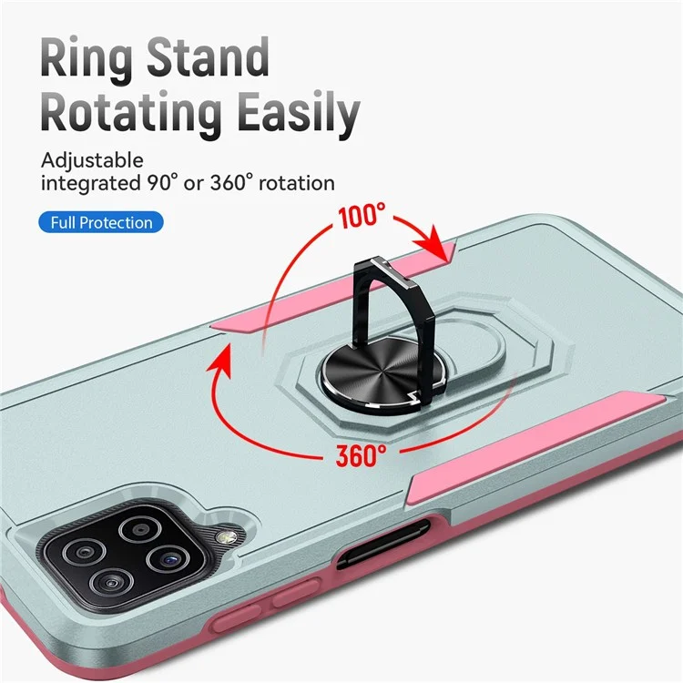 Per Samsung Galaxy A12 Defender Series PC + TPU Hybrid Phone Cover Rotary Ring Kickstand Cellphone Case - Verde/Rosa