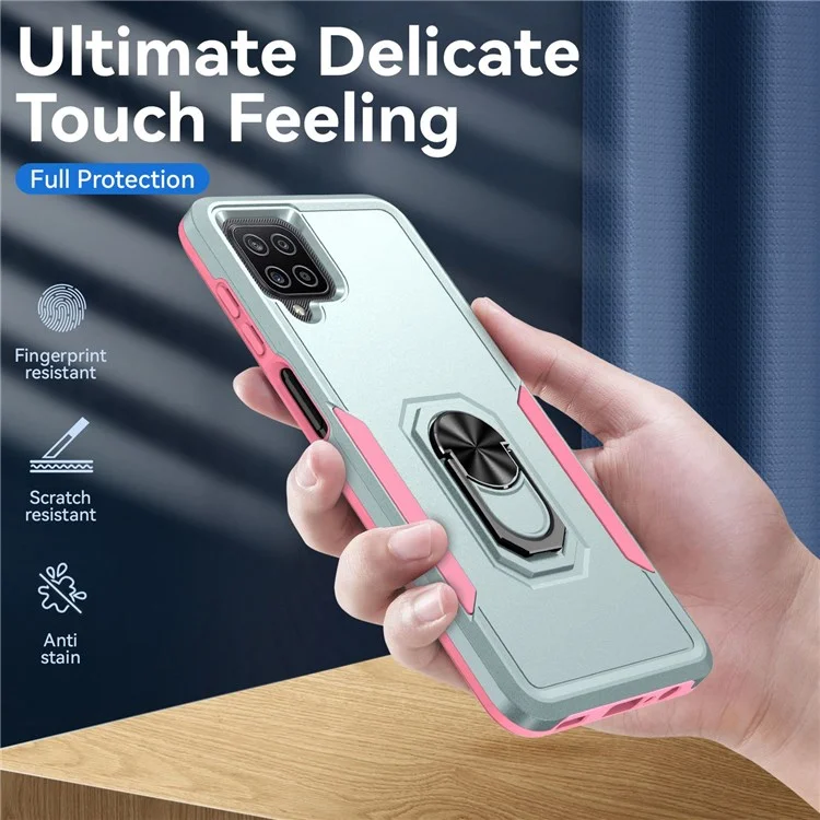 Per Samsung Galaxy A12 Defender Series PC + TPU Hybrid Phone Cover Rotary Ring Kickstand Cellphone Case - Verde/Rosa