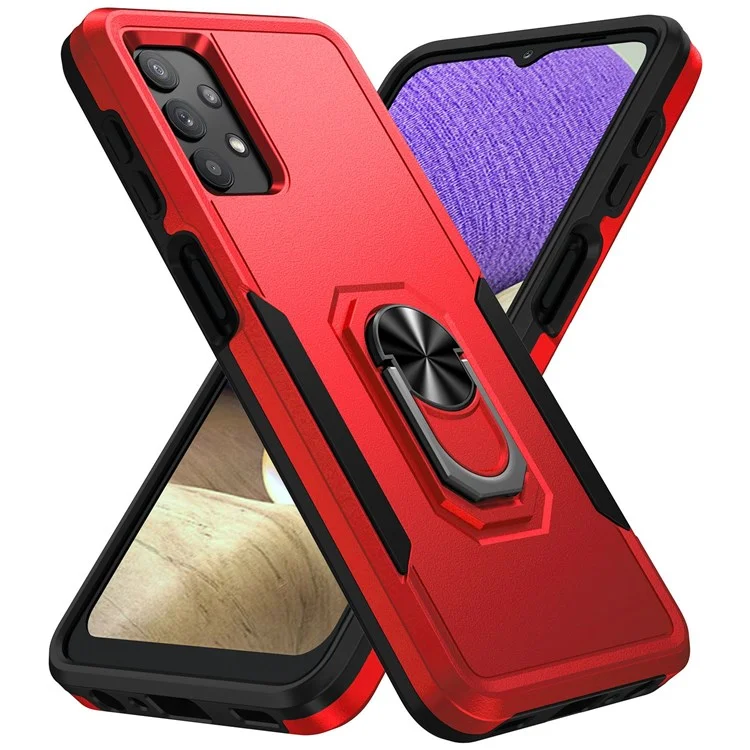 Для Samsung Galaxy A32 4G (Европейская версия) Defender Series Anti-fall PC + TPU Hybrid Phone Cover Rotary Ring Kickstand Cellphone Case - Red/Black
