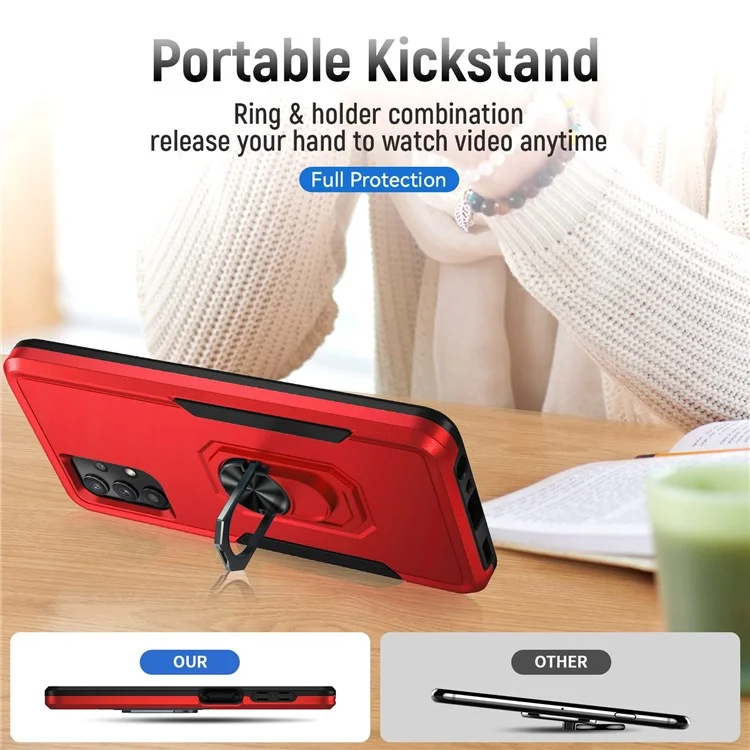 Для Samsung Galaxy A32 4G (Европейская версия) Defender Series Anti-fall PC + TPU Hybrid Phone Cover Rotary Ring Kickstand Cellphone Case - Red/Black
