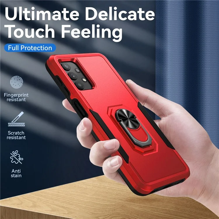 Для Samsung Galaxy A32 4G (Европейская версия) Defender Series Anti-fall PC + TPU Hybrid Phone Cover Rotary Ring Kickstand Cellphone Case - Red/Black