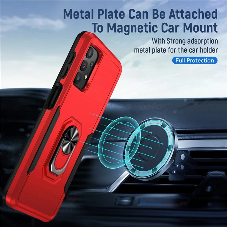 Для Samsung Galaxy A32 4G (Европейская версия) Defender Series Anti-fall PC + TPU Hybrid Phone Cover Rotary Ring Kickstand Cellphone Case - Red/Black