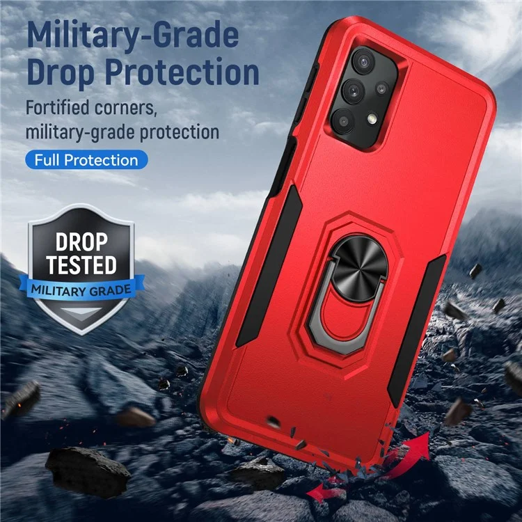 Для Samsung Galaxy A32 4G (Европейская версия) Defender Series Anti-fall PC + TPU Hybrid Phone Cover Rotary Ring Kickstand Cellphone Case - Red/Black