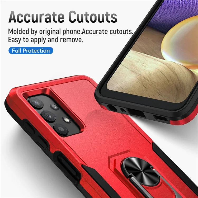 Для Samsung Galaxy A32 4G (Европейская версия) Defender Series Anti-fall PC + TPU Hybrid Phone Cover Rotary Ring Kickstand Cellphone Case - Red/Black