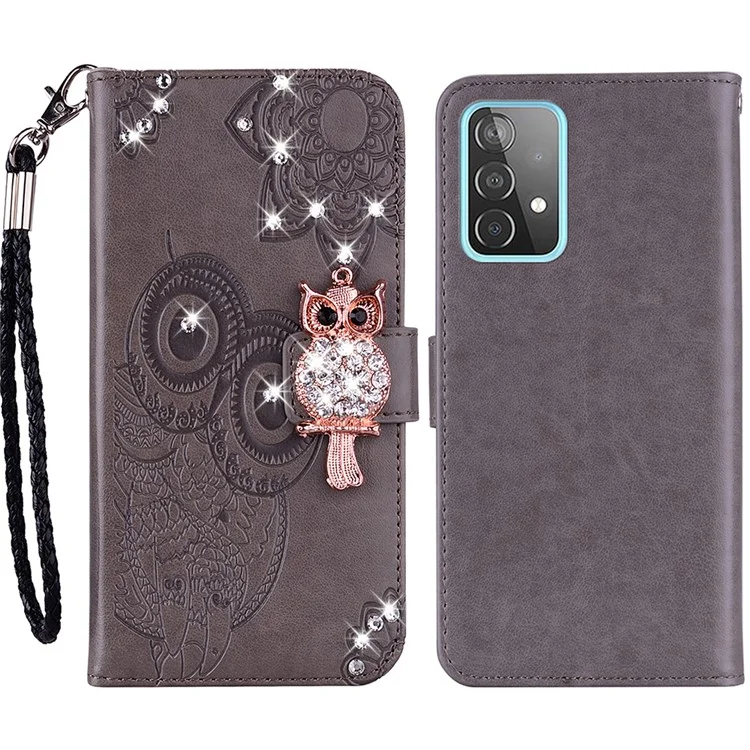 Rhinestone Decor Glitter Case for Samsung Galaxy A23 4G / 5G (Global Version), Owl Flower Pattern Imprinted PU Leather Wallet Folio Phone Cover with Stand Function - Grey