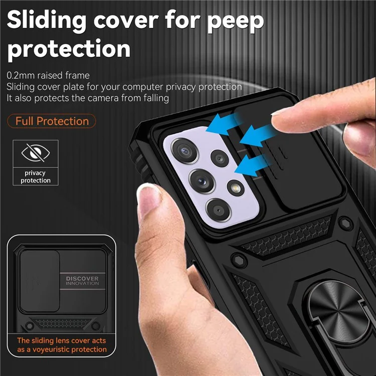 For Samsung Galaxy A33 5G Slide Camera Cover Hard PC + Soft TPU Phone Case with Ring Kickstand - Black