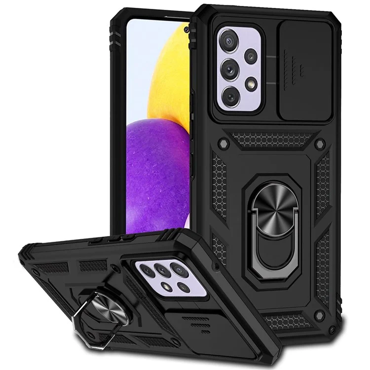 Für Samsung Galaxy A53 5G Slide Camera Protection Phone Case Ring Kickstand Hybrid PC + TPU Cover - Schwarz
