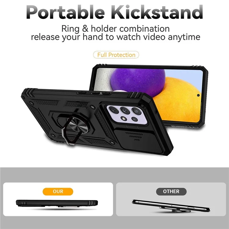 Für Samsung Galaxy A53 5G Slide Camera Protection Phone Case Ring Kickstand Hybrid PC + TPU Cover - Schwarz
