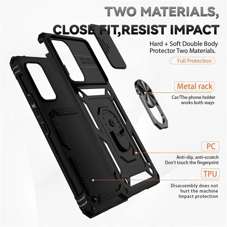 Für Samsung Galaxy A53 5G Slide Camera Protection Phone Case Ring Kickstand Hybrid PC + TPU Cover - Schwarz