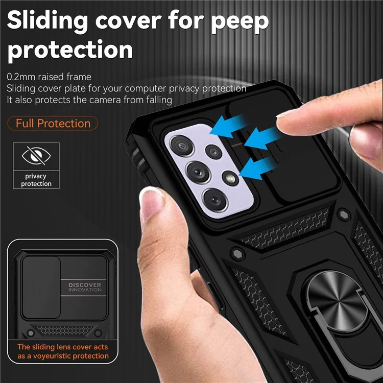 Für Samsung Galaxy A53 5G Slide Camera Protection Phone Case Ring Kickstand Hybrid PC + TPU Cover - Schwarz
