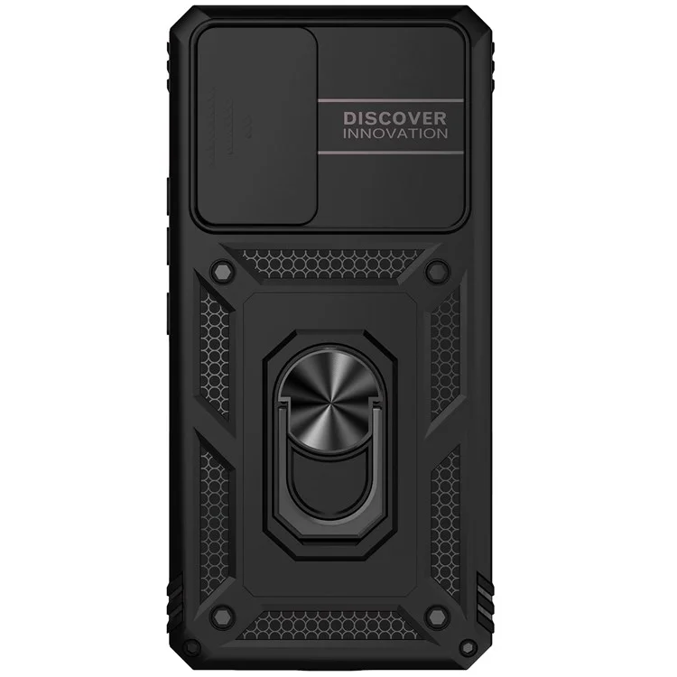 Für Samsung Galaxy A53 5G Slide Camera Protection Phone Case Ring Kickstand Hybrid PC + TPU Cover - Schwarz