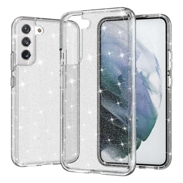 Für Samsung Galaxy S21 FE 5G / S21 Fan Edition Sparkly Clear Glitter Case Anti-Scratch Hard PC Soft TPU Thickening Design Protective Phone Cover - Weiß