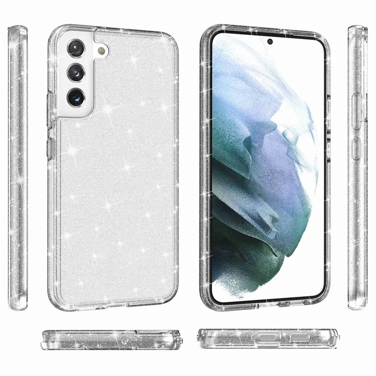 Für Samsung Galaxy S21 FE 5G / S21 Fan Edition Sparkly Clear Glitter Case Anti-Scratch Hard PC Soft TPU Thickening Design Protective Phone Cover - Weiß