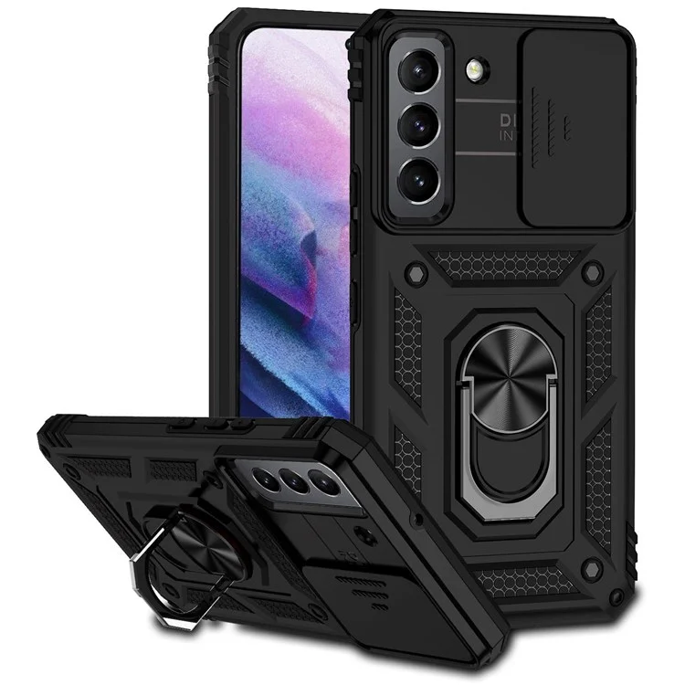 Para Samsung Galaxy S22 5G Funda de protección de cámara Caso de TPU + PC Antideslizante Resistente a los golpes Funda protectora de teléfono con anillo de soporte y soporte - Negro