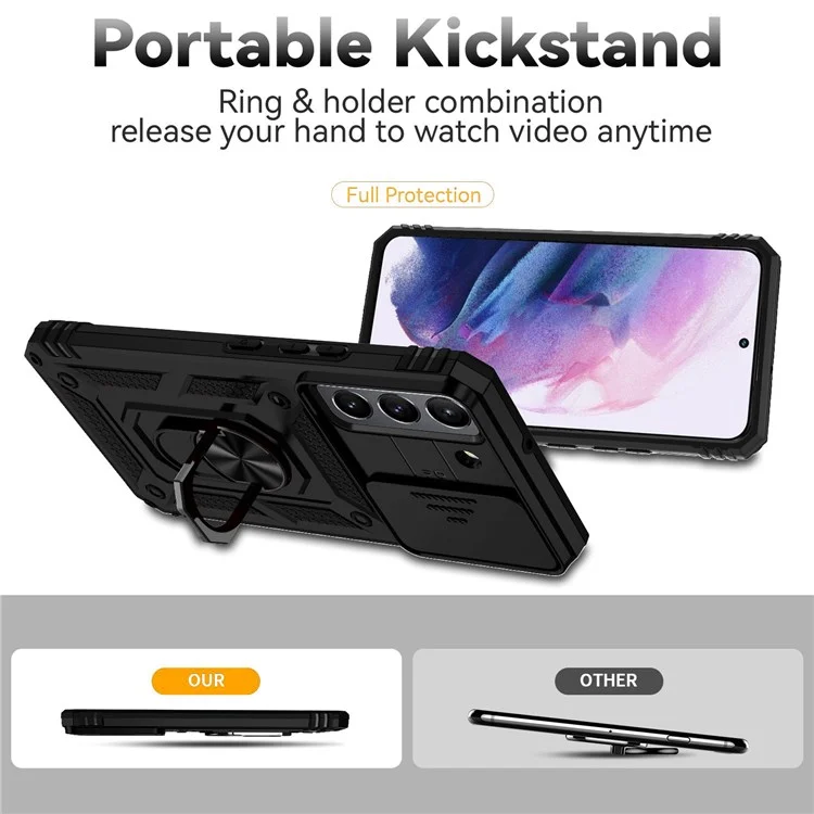 Para Samsung Galaxy S22 5G Funda de protección de cámara Caso de TPU + PC Antideslizante Resistente a los golpes Funda protectora de teléfono con anillo de soporte y soporte - Negro