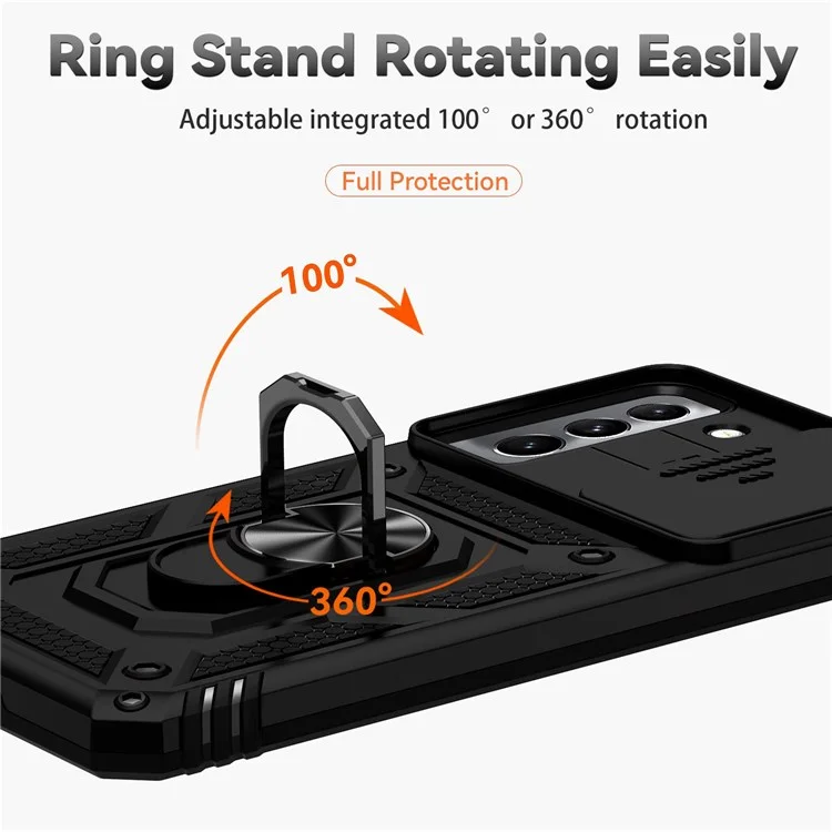 Para Samsung Galaxy S22 5G Funda de protección de cámara Caso de TPU + PC Antideslizante Resistente a los golpes Funda protectora de teléfono con anillo de soporte y soporte - Negro