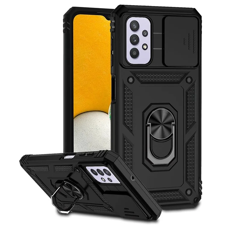 Für Samsung Galaxy A32 5G/M32 5G Slide Camera Protector Ring Kickstand Case PC + TPU Handyhülle - Schwarz