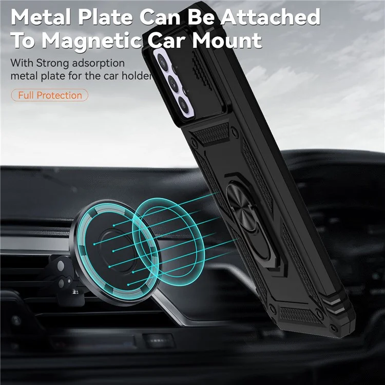 Für Samsung Galaxy A32 5G/M32 5G Slide Camera Protector Ring Kickstand Case PC + TPU Handyhülle - Schwarz