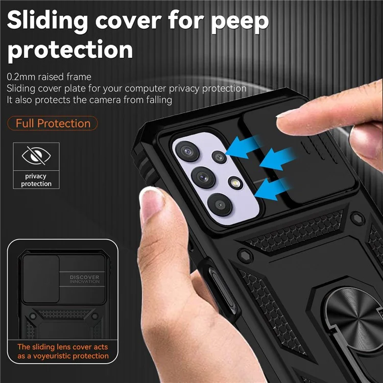 Für Samsung Galaxy A32 5G/M32 5G Slide Camera Protector Ring Kickstand Case PC + TPU Handyhülle - Schwarz