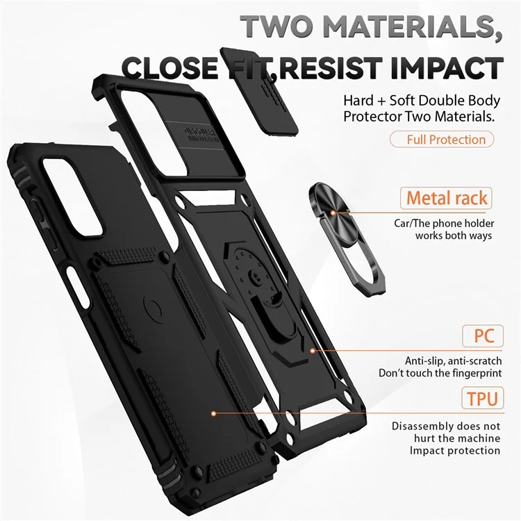 Für Samsung Galaxy A32 5G/M32 5G Slide Camera Protector Ring Kickstand Case PC + TPU Handyhülle - Schwarz