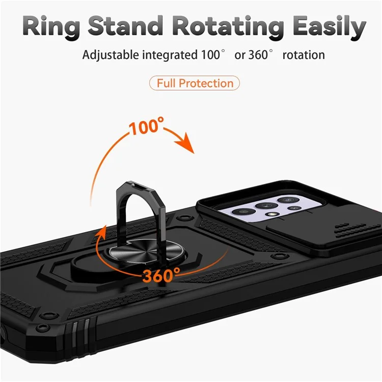Für Samsung Galaxy A32 5G/M32 5G Slide Camera Protector Ring Kickstand Case PC + TPU Handyhülle - Schwarz