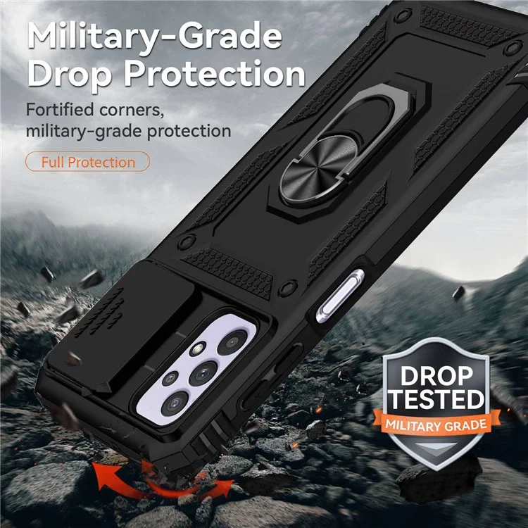 Für Samsung Galaxy A32 5G/M32 5G Slide Camera Protector Ring Kickstand Case PC + TPU Handyhülle - Schwarz