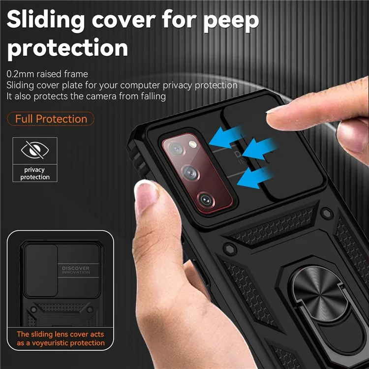 For Samsung Galaxy S20 FE 2022/S20 FE 4G/FE 5G/S20 Lite Slide Camera Protector PC + TPU Case Drop-resistant Kickstand Phone Shell - Black