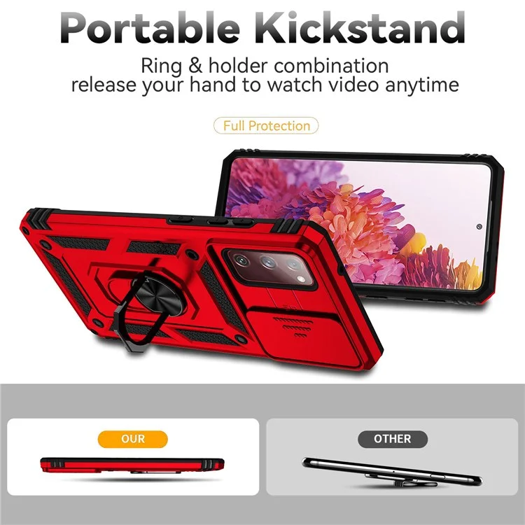 For Samsung Galaxy S20 FE 2022/S20 FE 4G/FE 5G/S20 Lite Slide Camera Protector PC + TPU Case Drop-resistant Kickstand Phone Shell - Red
