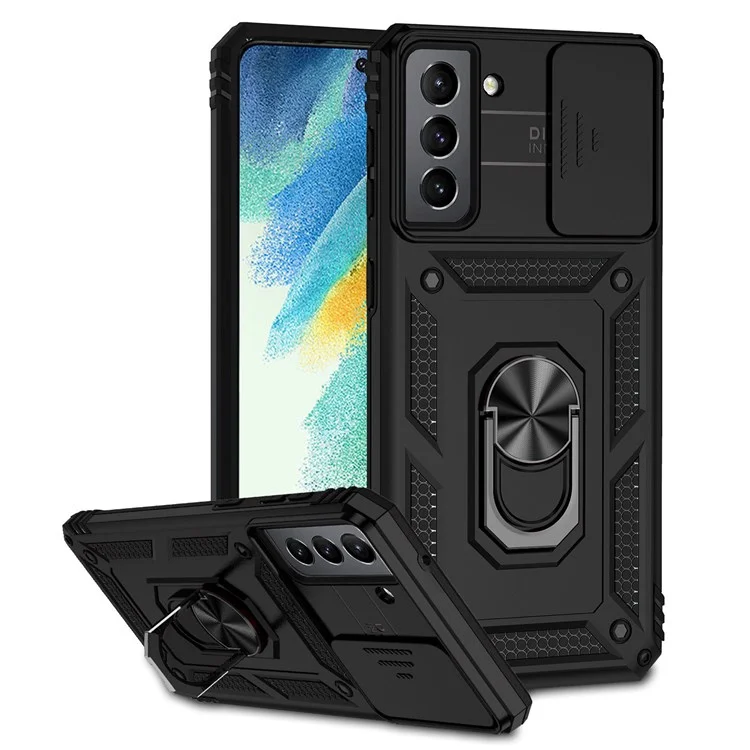 Für Samsung Galaxy S21 FE 5G Ring Kickstand PC + TPU Hybrid Cover Slide Camera Protection Phone Case - Schwarz