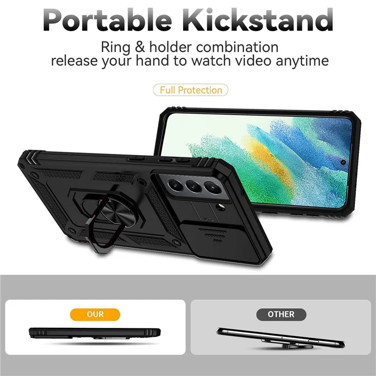 Für Samsung Galaxy S21 FE 5G Ring Kickstand PC + TPU Hybrid Cover Slide Camera Protection Phone Case - Schwarz