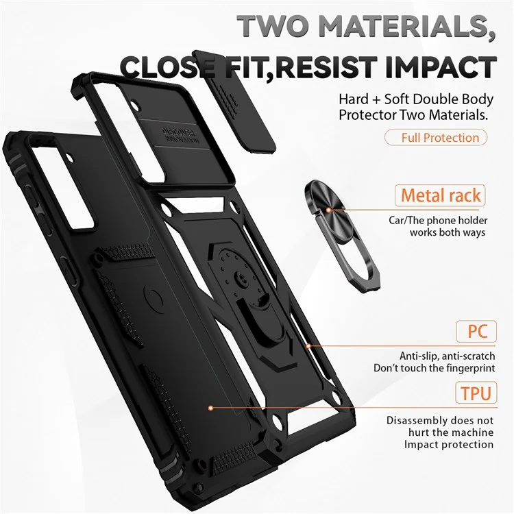 Für Samsung Galaxy S21 FE 5G Ring Kickstand PC + TPU Hybrid Cover Slide Camera Protection Phone Case - Schwarz