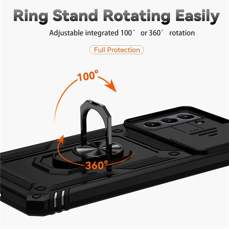 Für Samsung Galaxy S21 FE 5G Ring Kickstand PC + TPU Hybrid Cover Slide Camera Protection Phone Case - Schwarz