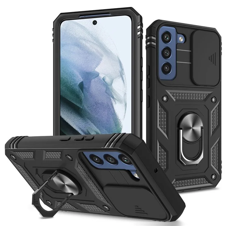 Per Samsung Galaxy S22 5G Case Ring Kickstand Anti-Scratch Hard PC + TPU Bumper Shockproof Protective Cover with Sliding Camera Lens Protector - Nero/Nero