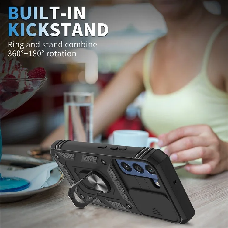 Per Samsung Galaxy S22 5G Case Ring Kickstand Anti-Scratch Hard PC + TPU Bumper Shockproof Protective Cover with Sliding Camera Lens Protector - Nero/Nero