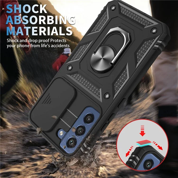 Per Samsung Galaxy S22 5G Case Ring Kickstand Anti-Scratch Hard PC + TPU Bumper Shockproof Protective Cover with Sliding Camera Lens Protector - Nero/Nero
