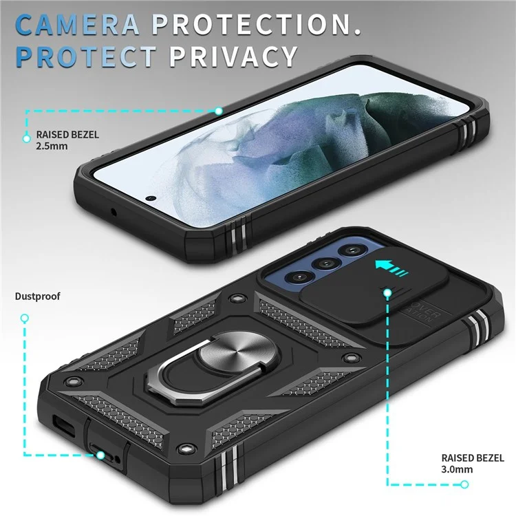 Per Samsung Galaxy S22 5G Case Ring Kickstand Anti-Scratch Hard PC + TPU Bumper Shockproof Protective Cover with Sliding Camera Lens Protector - Nero/Nero