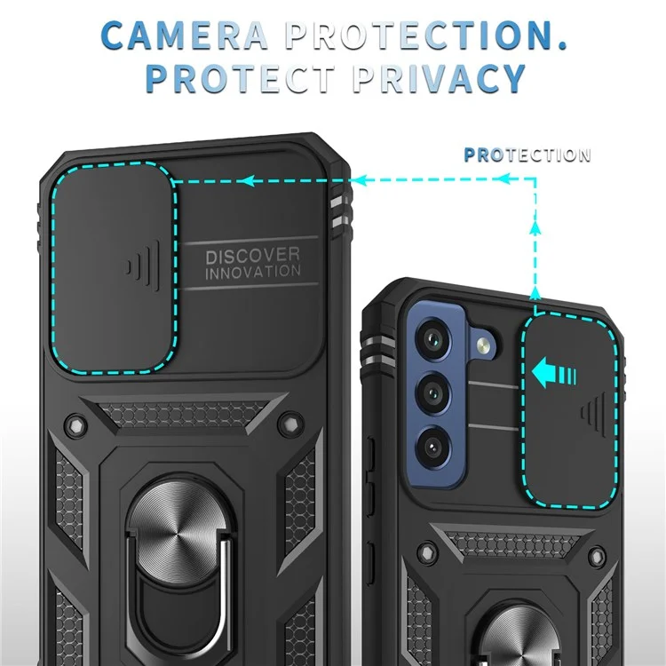 Per Samsung Galaxy S22 5G Case Ring Kickstand Anti-Scratch Hard PC + TPU Bumper Shockproof Protective Cover with Sliding Camera Lens Protector - Nero/Nero