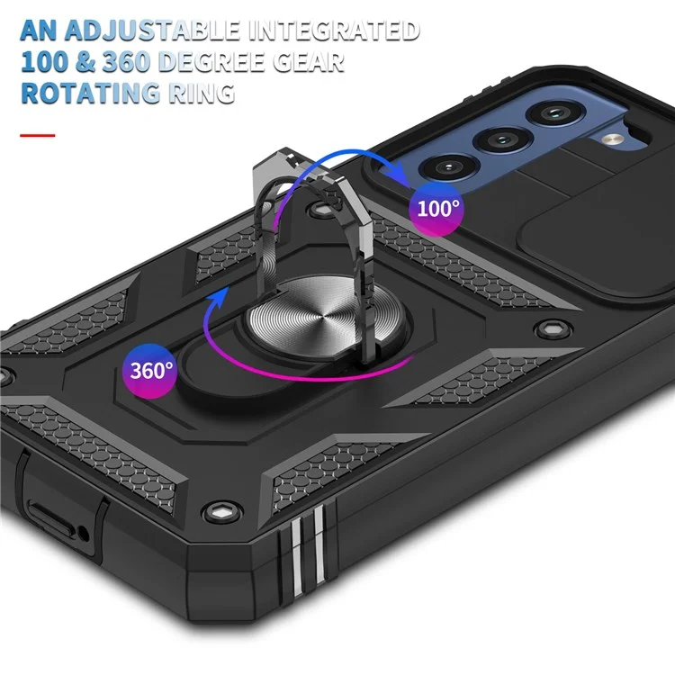Per Samsung Galaxy S22 5G Case Ring Kickstand Anti-Scratch Hard PC + TPU Bumper Shockproof Protective Cover with Sliding Camera Lens Protector - Nero/Nero