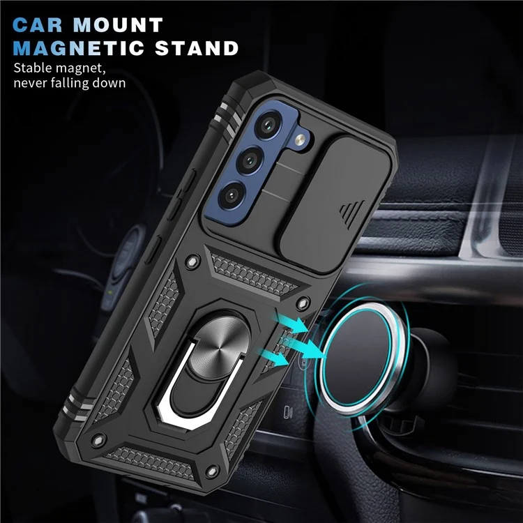 Per Samsung Galaxy S22 5G Case Ring Kickstand Anti-Scratch Hard PC + TPU Bumper Shockproof Protective Cover with Sliding Camera Lens Protector - Nero/Nero