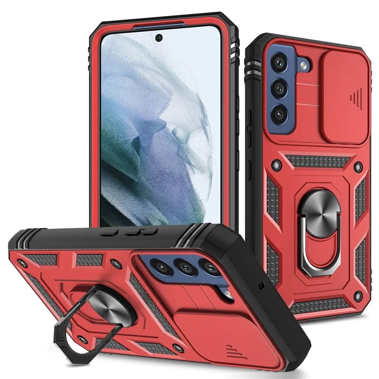 Funda para Samsung Galaxy S22 5G con anillo de soporte y protección antiarañazos, carcasa dura de PC + TPU con parachoques a prueba de golpes y protector deslizante para la cámara - Rojo/Negro