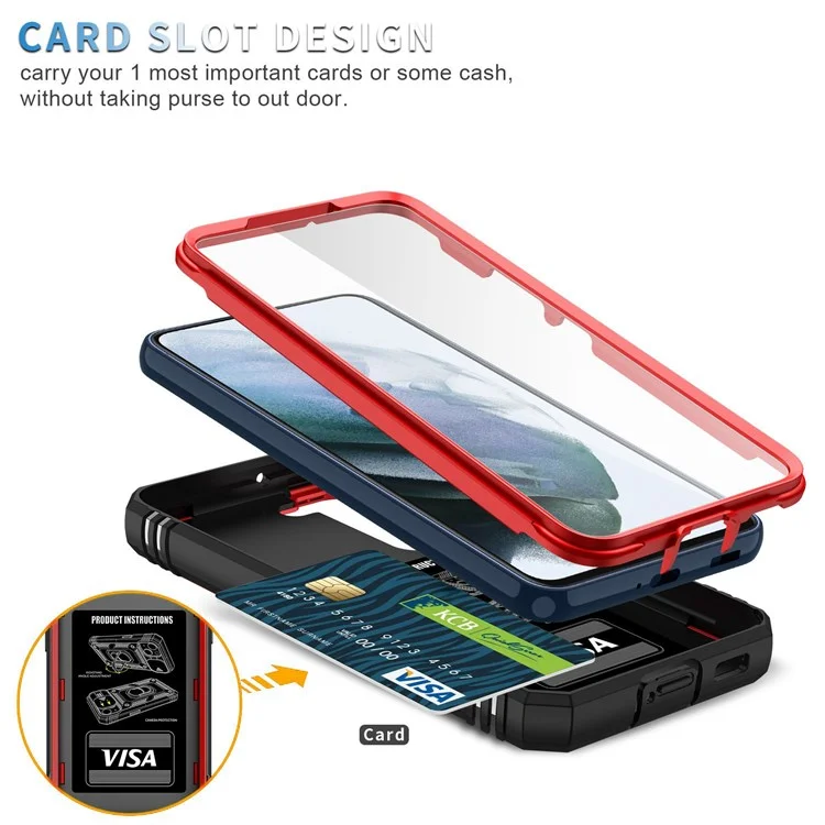 Funda para Samsung Galaxy S22 5G con anillo de soporte y protección antiarañazos, carcasa dura de PC + TPU con parachoques a prueba de golpes y protector deslizante para la cámara - Rojo/Negro
