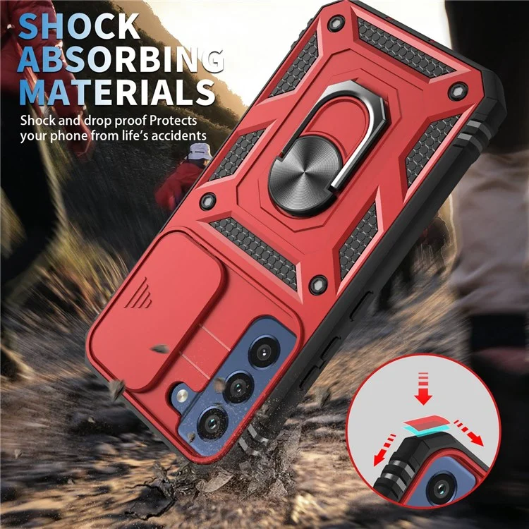 Funda para Samsung Galaxy S22 5G con anillo de soporte y protección antiarañazos, carcasa dura de PC + TPU con parachoques a prueba de golpes y protector deslizante para la cámara - Rojo/Negro