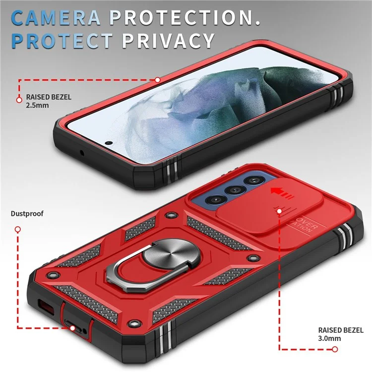 Funda para Samsung Galaxy S22 5G con anillo de soporte y protección antiarañazos, carcasa dura de PC + TPU con parachoques a prueba de golpes y protector deslizante para la cámara - Rojo/Negro