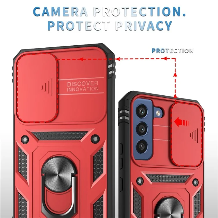 Funda para Samsung Galaxy S22 5G con anillo de soporte y protección antiarañazos, carcasa dura de PC + TPU con parachoques a prueba de golpes y protector deslizante para la cámara - Rojo/Negro
