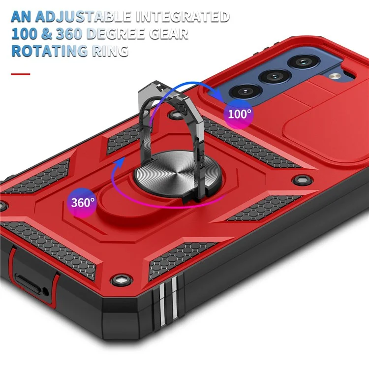 Funda para Samsung Galaxy S22 5G con anillo de soporte y protección antiarañazos, carcasa dura de PC + TPU con parachoques a prueba de golpes y protector deslizante para la cámara - Rojo/Negro
