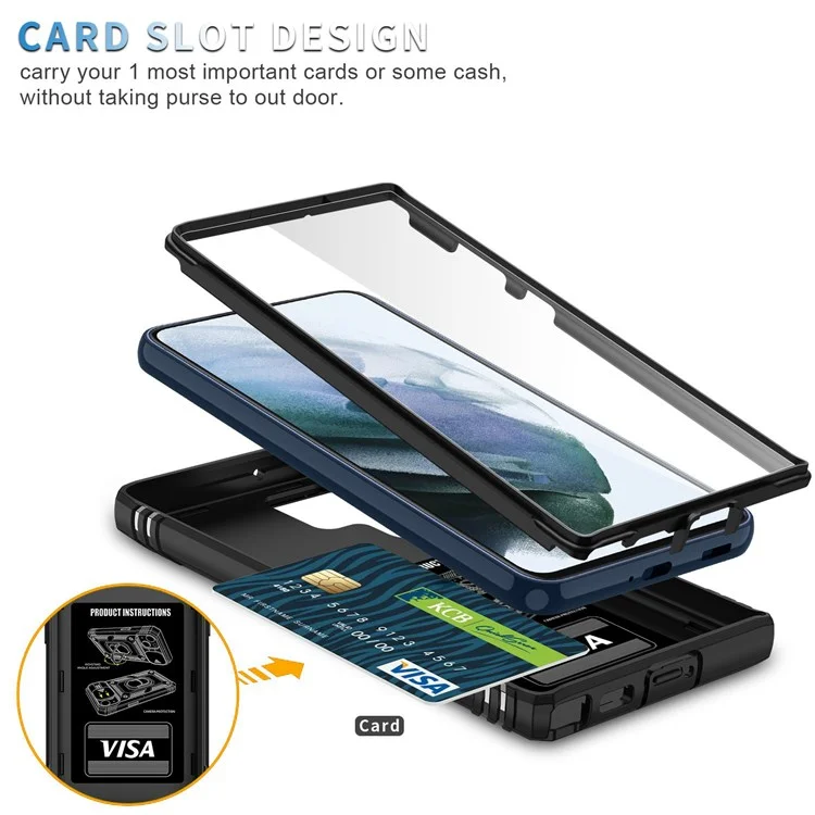 For Samsung Galaxy S22 Ultra 5G Phone Case Hard PC + Flexible TPU Protective Cover with Rotating Holder Kickstand and Camera Lens Protector - Black/Black
